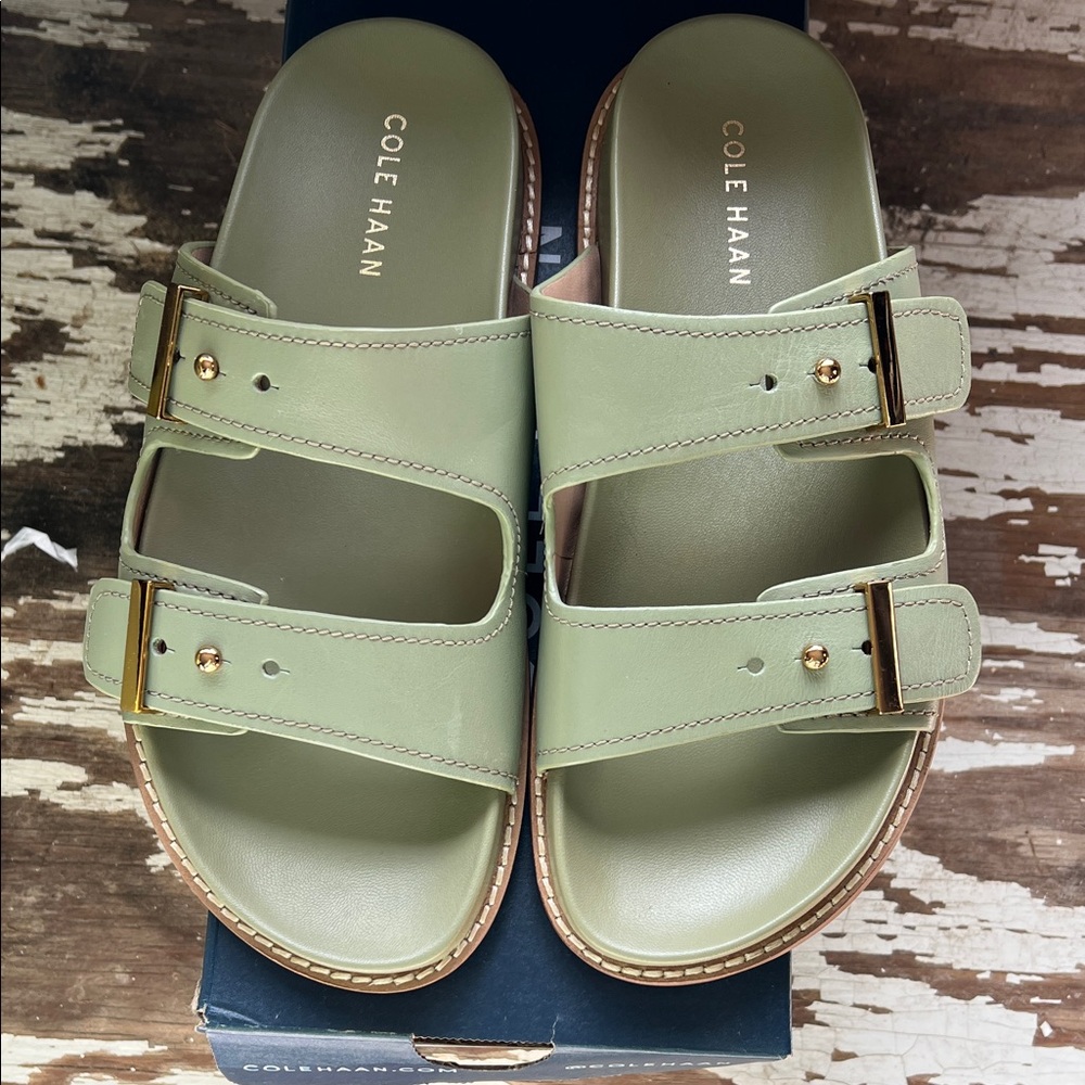Cole Haan Olive Slide Sandals with Gold Buckles